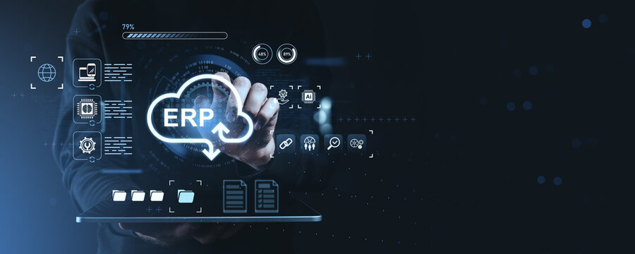 ERP system cloud integration with digital interface icons and business automation concept on futuristic technology background.