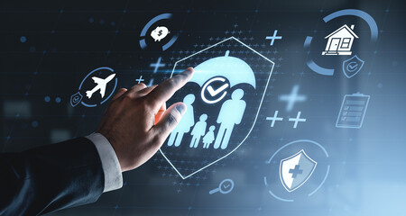 Businessman's hand interacting with virtual insurance interface showing family, health, home, and...