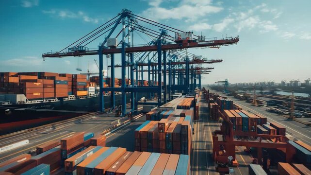 Container port cargo operations with stacked shipping container, cranes and container ship bustle