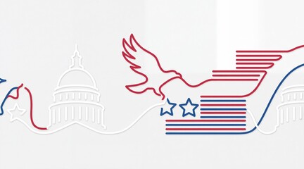 Patriotic American Eagle Illustration with United States Capitol Building and Flag Elements for Presidents Day and National Holidays - Minimalist Line Art Vector Style