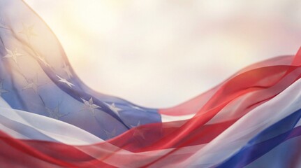 Patriotic American Flag Background with Soft Focus Waving Silk Texture and Warm Sunlight - Elegant US Stars and Stripes Backdrop for Presidents Day, Memorial Day, and National Holidays