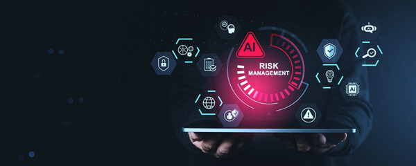 AI risk management concept with futuristic digital icons and holographic interface above a tablet...