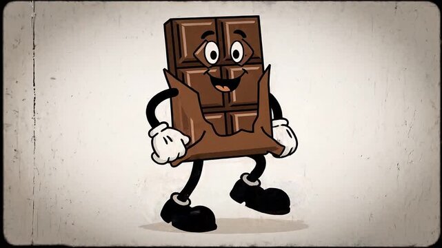 2D animation of a cute chocolate bar walking confidently set against black-and-white background for Valentine's Day.