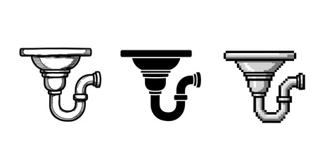 Triple sink drain design: sketch, silhouette, pixel art variations