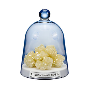 A glass cloche enclosing crystalline tungsten perchlorate dihydrate on a white stand, viewed from the front