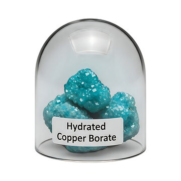 A close-up view of hydrated copper borate crystals displayed in a glass dome container, showcasing their vibrant blue color and speckled texture, from a slightly elevated viewpoint.