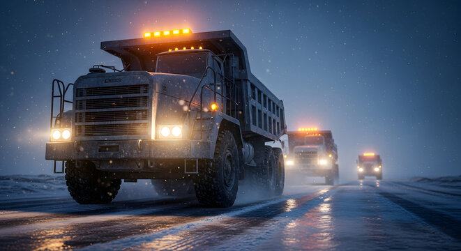 Heavy-duty dump trucks driving on a snowy, icy road at night, with headlights and warning lights illuminating the dark, wintery environment.