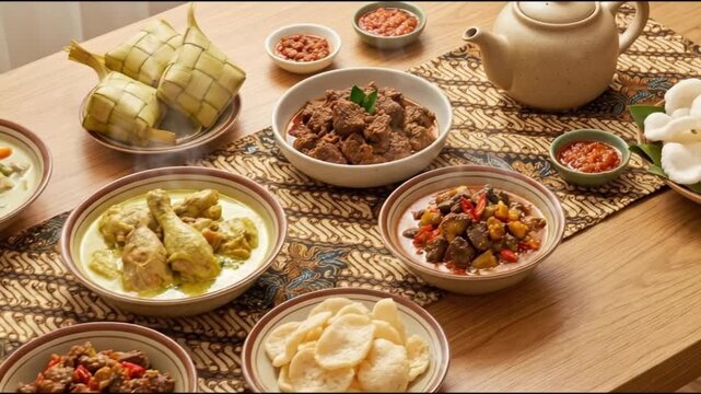 Traditional Indonesian Eid al-Fitr feast featuring Ketupat, Rendang, and Opor Ayam served on a Batik table runner