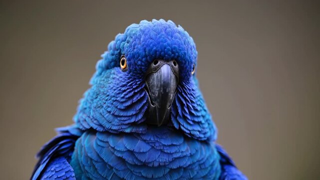 Blue exotic parrot looks straight ahead with bright tropical feathers. Wildlife bird closeup shows round orange eye and strong curved beak. Colorful feathers and sharp beak define this parrot