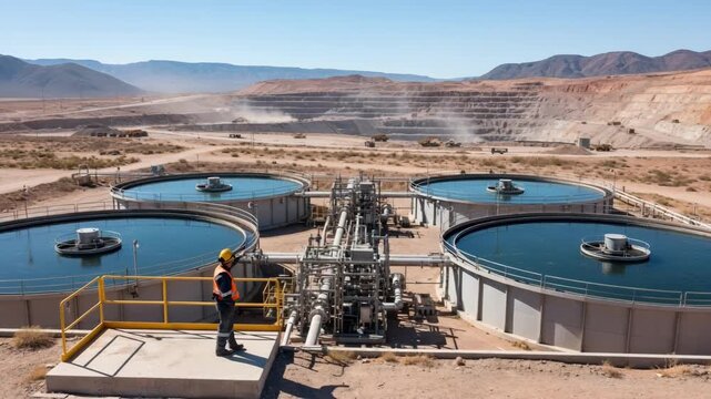 Miner working at a remote mining site overseeing largescale water recycling tanks under bright sunlight in an arid environment.
