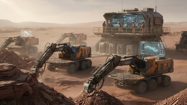Semiautonomous robotic mining machinery at work on a rocky surface blending human supervision with automated tasks to boost operational efficiency.