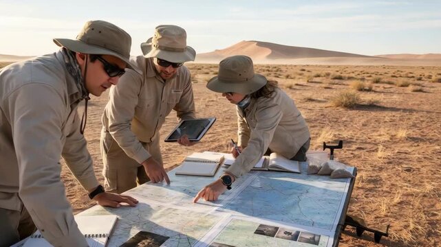 Medium shot of researchers comparing GIS maps and field notes to validate sand quantity estimations in an arid landscape