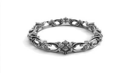Ornate silver oval frame with intricate scrollwork and floral motifs on a white background. A detailed, antique-style silver oval frame showcases elaborate baroque carvings and decorative elements,