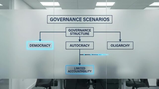 Governance scenarios flowchart illustrating governance structure with democracy, autocracy, oligarchy, limited accountability, and concentrated power in a modern office setting