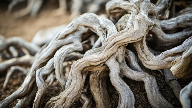 Closeup of dry brittle roots intertwined in the earth showcasing a natural textured pattern