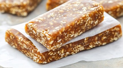 Close up of two homemade oat energy bars stacked on white paper showcasing their textured ingredients