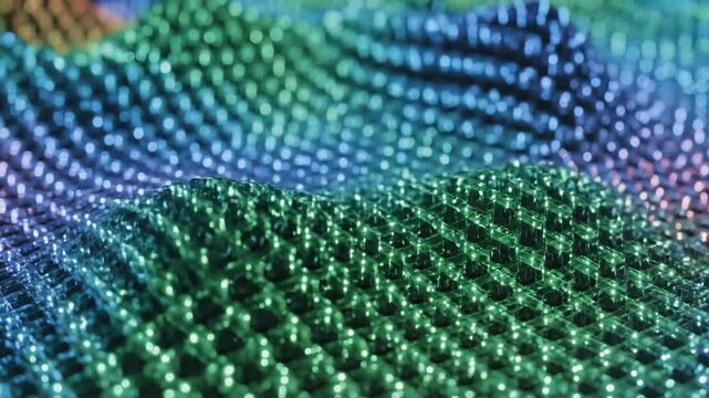 A close-up view of a vibrant, textured surface featuring green and blue beads in a pattern.