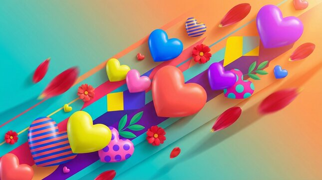Colorful 3D hearts in vibrant illustration style in rainbow hues representing joy and celebration with copy space
