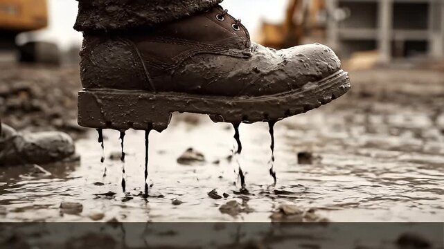 Close-up of a heavily muddy work boot with thick mud dripping from its sole onto a wet, dirty ground at a construction site.