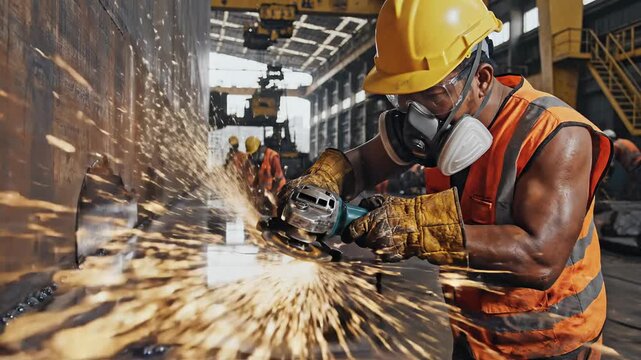 Construction worker grinding metal with sparks flying in industrial factory
