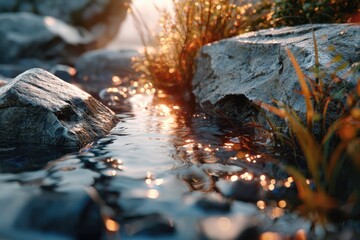 Fototapeta premium Crystal clear water glimmers among rocks and grass in a tranquil landscape during golden hour