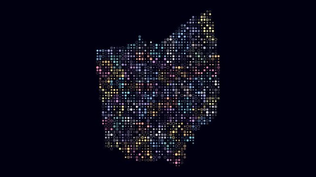 Ohio animated shape. Pulsating colored dots on the map of the state. Small size circle blocks. Digital style Ohio map on dark background. Stylish animation video.