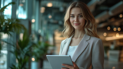 Fototapeta premium a confident businesswoman using a tablet in a corporate office