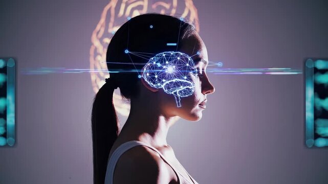 Side view of woman with neural brain scan. Concept shows power of intelligence and focus. Digital brain connects signals, representing thinking patterns. Woman stands for concentration of mind energy