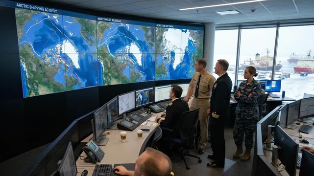 Military personnel in command center analyze Arctic shipping activity on large screens, discussing navigation routes and environmental conditions in a high-tech operations room
