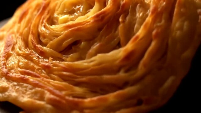 Close-up of a golden, crispy, spiral-shaped pastry, possibly a paratha or similar flatbread, with visible flaky layers and a slightly browned surface, suggesting it has been freshly cooked or baked.