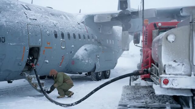 Two male technicians in cold weather gear refuel a military aircraft in a snowy environment, with a fuel truck and extreme weather conditions visible in the background