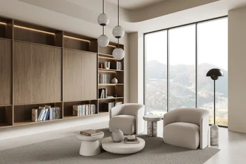 Fotobehang Karaktertjes Modern minimalist living room interior with cozy seating and large bookshelf, featuring warm tones and mountain view through panoramic windows. 3D Rendering  © ImageFlow