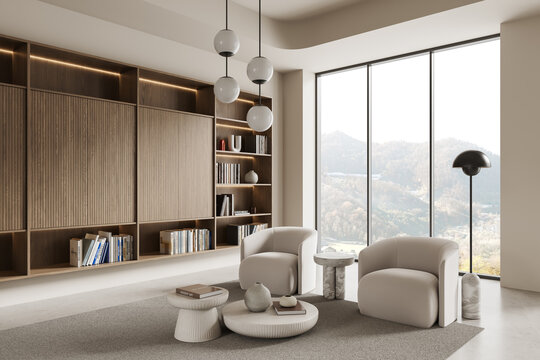 Modern minimalist living room interior with cozy seating and large bookshelf, featuring warm tones and mountain view through panoramic windows. 3D Rendering