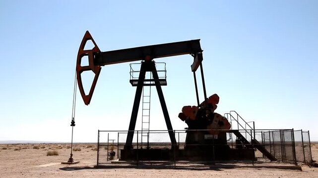 Oil pumpjack operating in a vast desert landscape under a clear blue sky viewed from the front