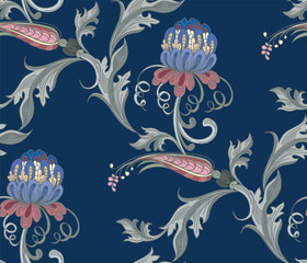 Fototapeta premium Pattern of flowers and leaves with elements of gothic ornament in vintage style on a blue background.