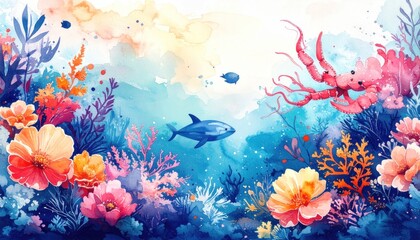 Watercolor ocean scene, fish swimming amid vibrant coral and flowers