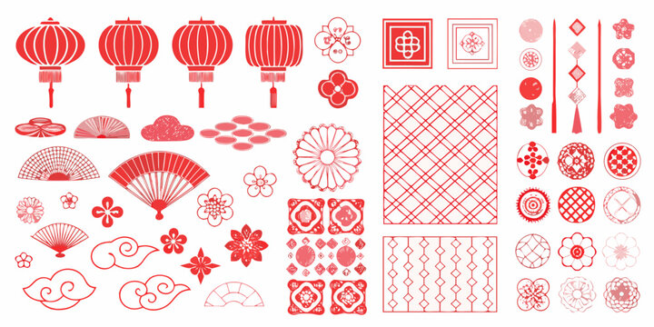 Red chinese new year decorations and traditional ornamental elements set