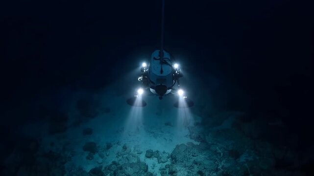 Underwater submersible vehicle with illuminated lights descending into the dark ocean depths from a top-down viewpoint