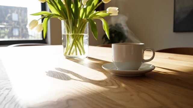 Morning Serenity: A sunlit scene of a delicate floral arrangement alongside a warm cup of coffee, set on a wooden table, evoking a sense of calm and the promise of a peaceful morning.