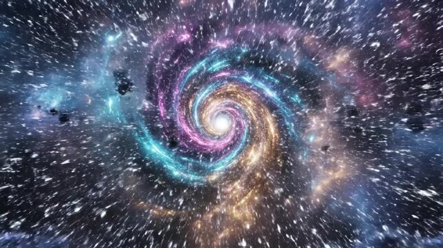 Cosmic Swirl: An artistic rendering of a galaxy, spiraling with brilliant hues, creating a celestial tapestry of cosmic dust and starlight. 