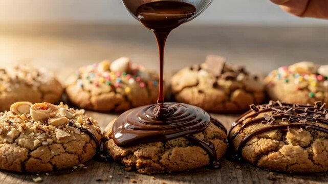 Medium shot capturing cookies being artistically drizzled with chocolate focusing on the delicate swirl patterns and sprinkling toppings.
