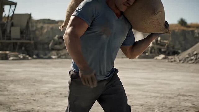 Strong man carrying a heavy burlap sack over his shoulder across a dusty, sunlit industrial worksite.