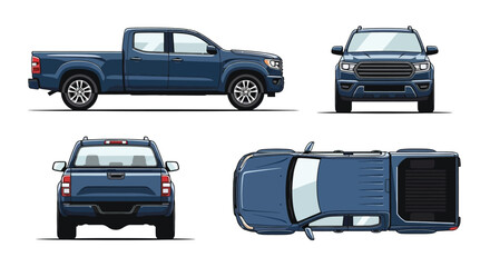 Detailed illustration of a dark blue pickup truck from multiple perspectives © MITHUN