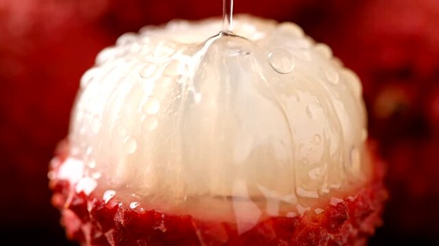 Close-up of a fresh lychee fruit with water droplets, delicious and juicy.