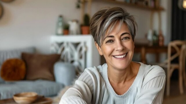 A smiling woman with short hair and silver highlights conveys a zest for life, making her ideal for a positive background in advertisements for cosmetics or hairdressing services.
