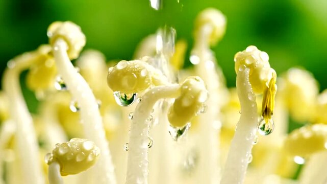 Close-up of fresh bean sprouts with water droplets, healthy food concept.
