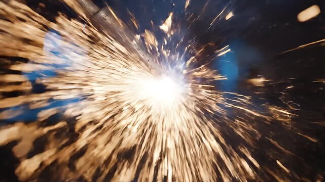 An intense burst of glowing golden sparks radiating outwards from a central bright light source against a dark background.
