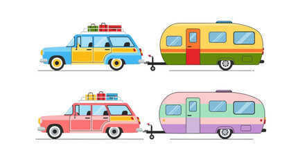 Fototapeta premium Colorful vintage cars towing retro campers a playful travel illustration