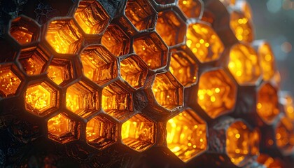Close-up of glowing hexagonal cells in a textured, dark structure