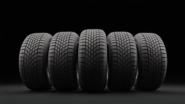 Set of five new car tires with detailed tread pattern on black background showcasing durability and safety